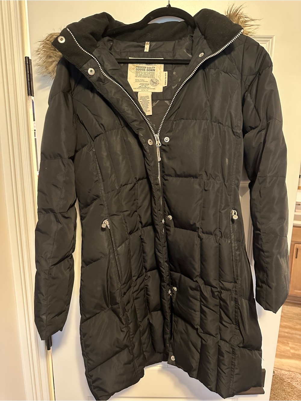 Eddie Bauer Black Long Quilted Puffer Coat with Faux-Fur Trim
